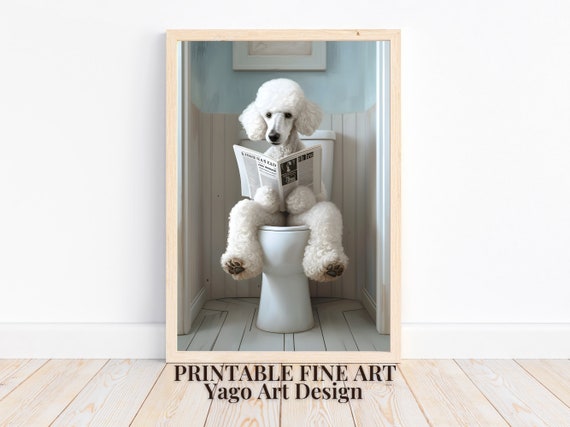 Poodle On Toilet Wall Art Print Funny Bathroom Decor Cute Dog Wall Decor Toilet Wall Decor Poodle Reading Newspaper Cute Dog Poster