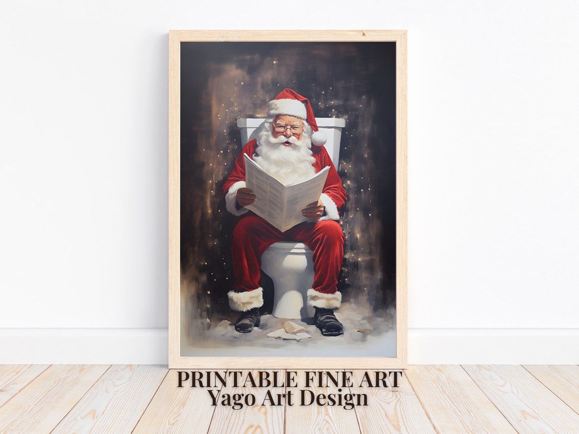 Funny Santa On Toilet Reading Newspaper Christmas Bathroom Print