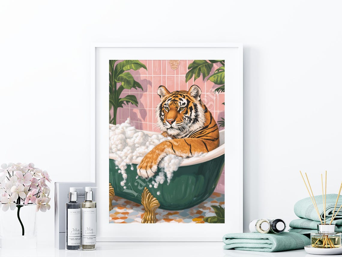 Tiger Relaxing in Bubble Bath Poster Preppy Tropical Pink Tile Decor - Image 4