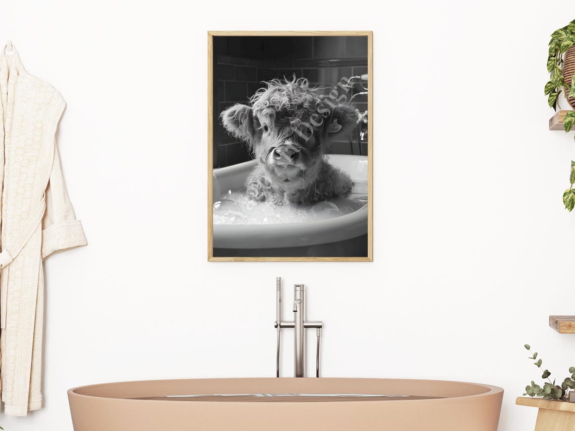 Highland Cow Calf Bubble Bath Black White Farmhouse Cute Poster - Image 3