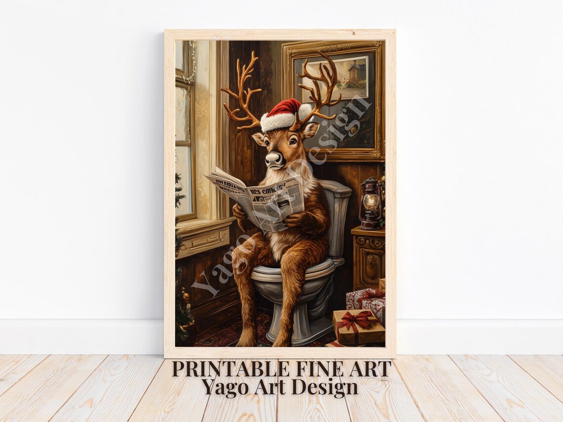 Reindeer Wearing Santa Hat Reading Newspaper Cozy Christmas Poster