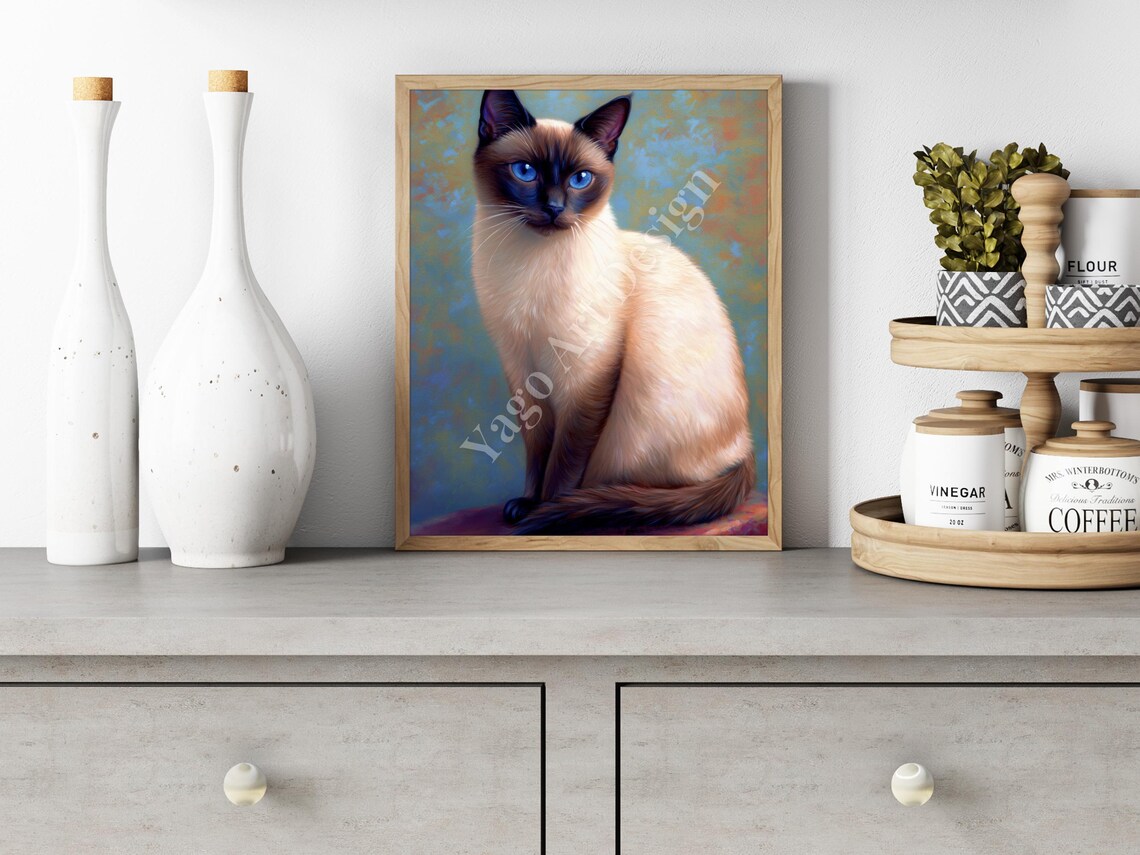 Antique Siamese Cat Portrait Blue Eyes Vintage Oil Style Poster - Image 2