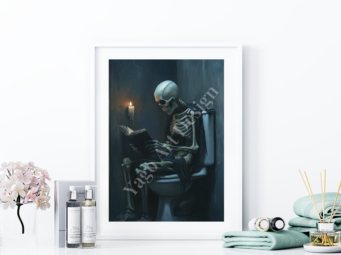 Skeleton Reading Book on Toilet by Candlelight Spooky Gothic Poster - Image 4