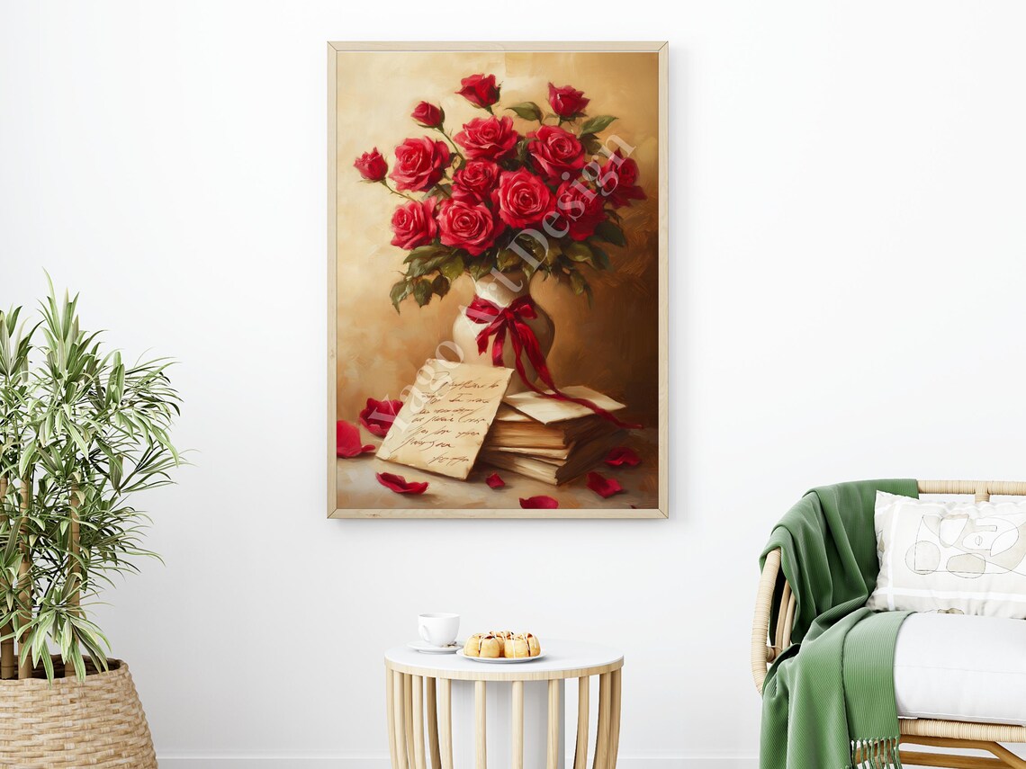 Red Roses Bouquet with Love Letter Poster Vintage Valentine Art - Image 2
