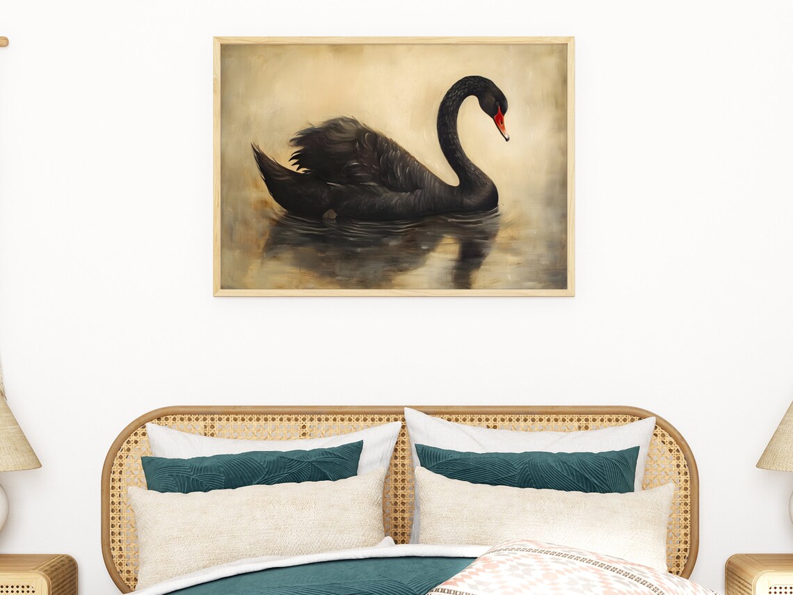 Black Swan Golden Water Vintage Oil Painting Elegant Wall Art - Image 2