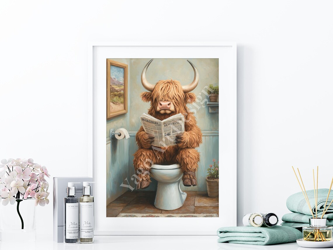 Highland Cow on Toilet Reading Newspaper Poster Rustic Bathroom - Image 4