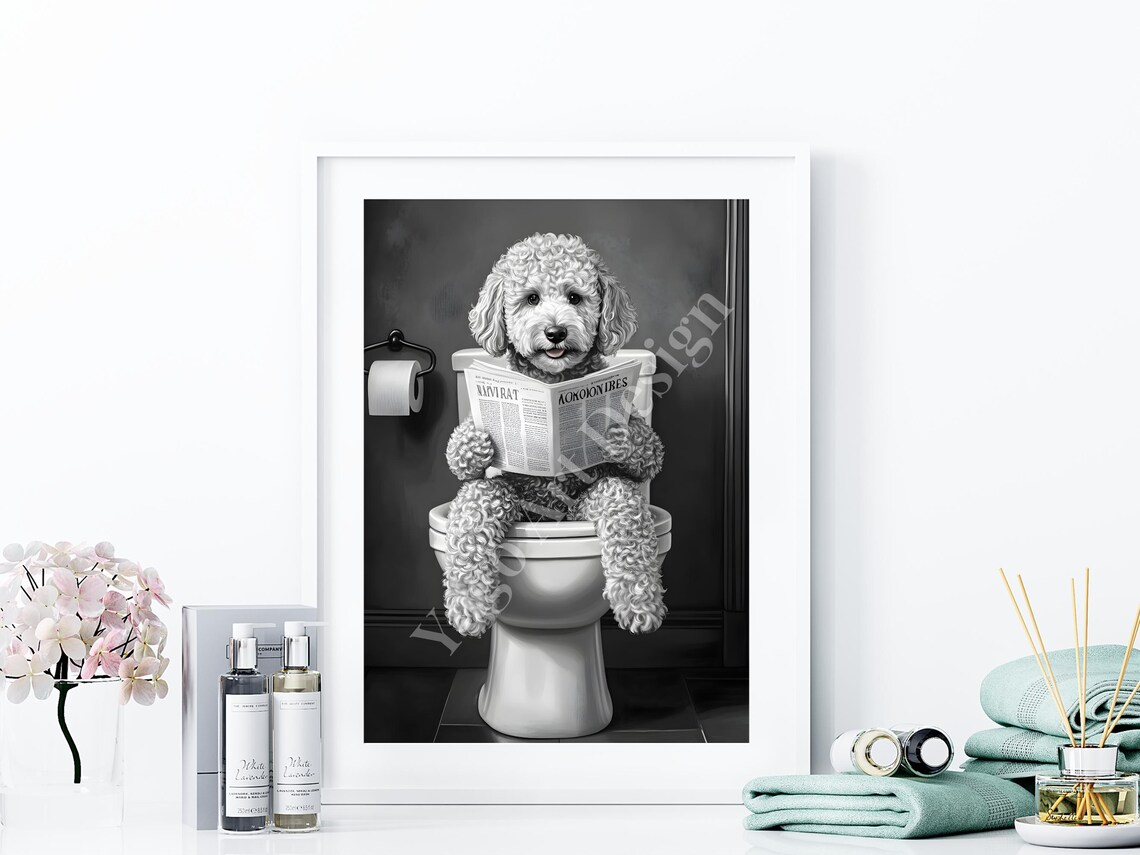 Goldendoodle Dog Reading Newspaper on Toilet Dark Bathroom Poster - Image 4