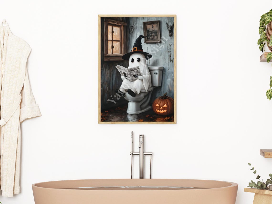 Cute Ghost On Toilet Witch Hat Pumpkin Funny Halloween Poster - Image 2