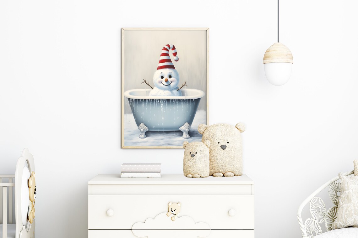 Cute Smiling Snowman In Bathtub Striped Hat Kids Christmas Wall Art - Image 3
