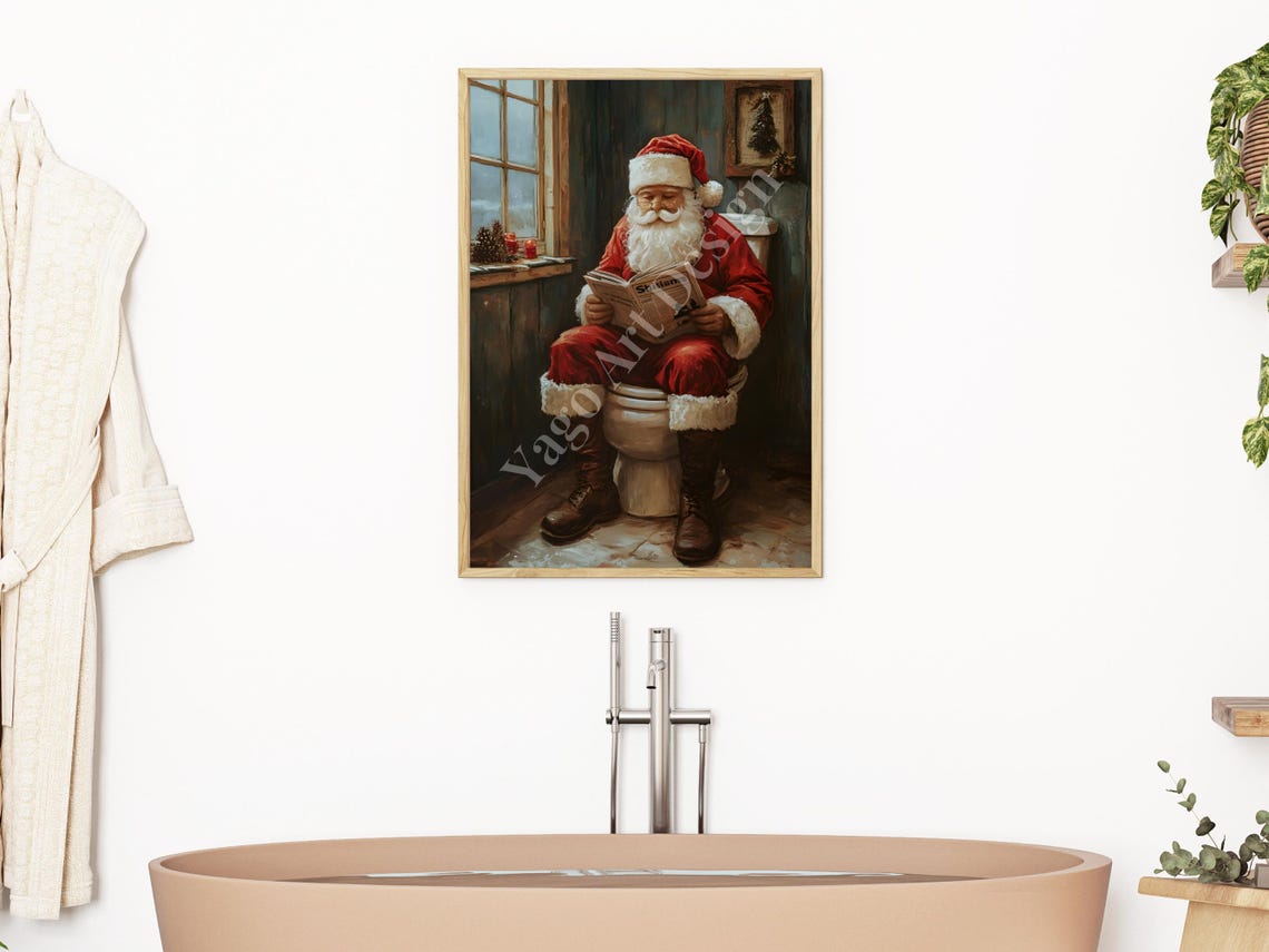 Santa On Toilet Reading Newspaper Rustic Bathroom Christmas Print - Image 3