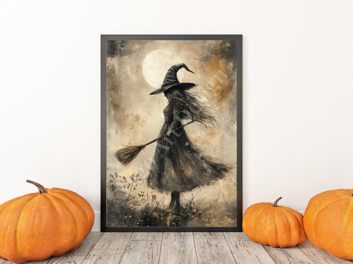 Elegant Witch with Broom under Moonlight Vintage Halloween Poster - Image 3