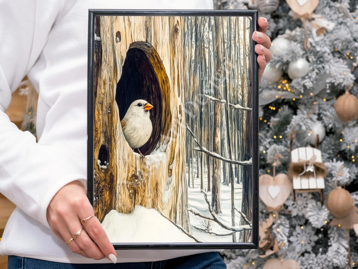 White Bird Peeking From Tree Hollow Snowy Forest Winter Poster - Image 3