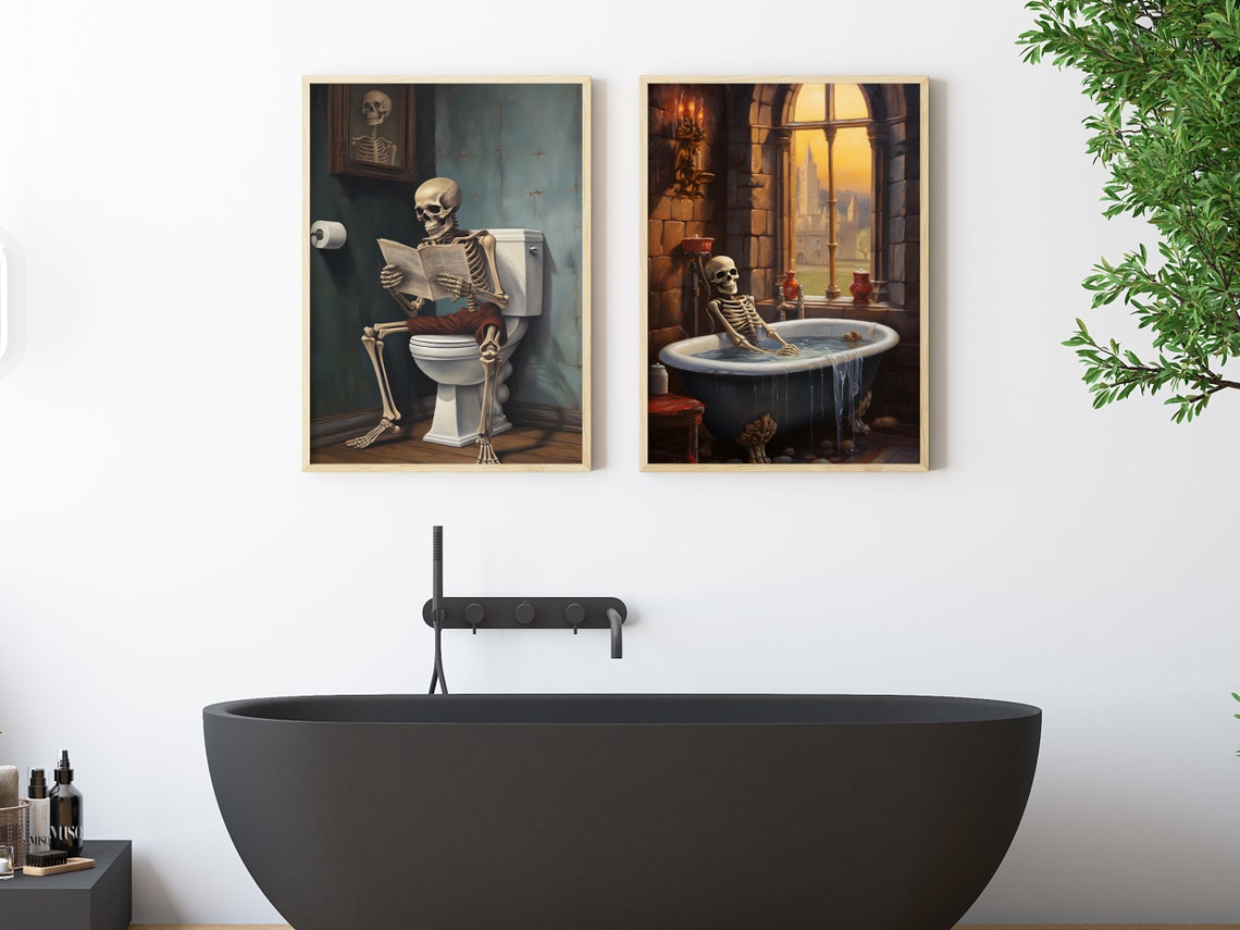Skeleton on Toilet Reading Newspaper Funny Gothic Bathroom Poster - Image 2