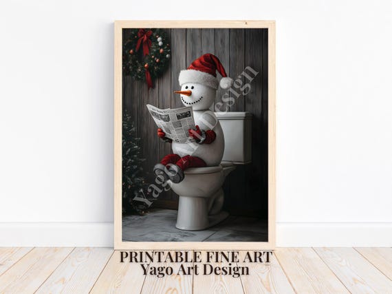 Cute Snowman On Toilet Art Print Christmas Snowman In Bathroom Funny Bathroom Poster Holiday Bathroom Decor Cute Toilet Wall Decor