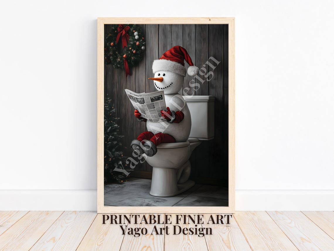 Cute Snowman Reading Newspaper on Toilet Christmas Bathroom Poster