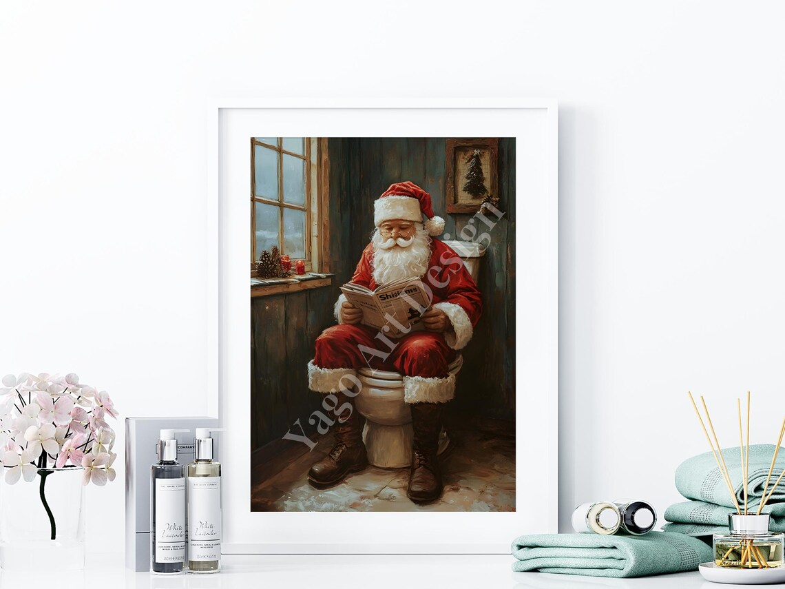 Santa On Toilet Reading Newspaper Rustic Bathroom Christmas Print - Image 4