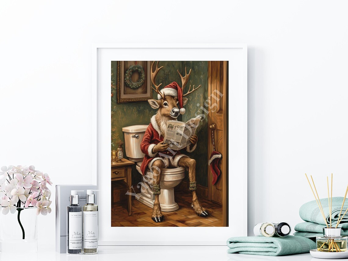 Reindeer in Santa Coat Reading Newspaper on Toilet Christmas Poster - Image 4