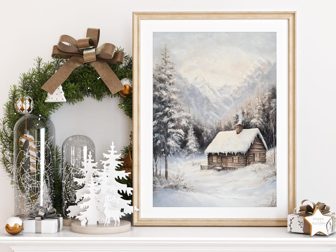 Snowy Winter Cabin in Mountain Forest Peaceful Christmas Poster - Image 2