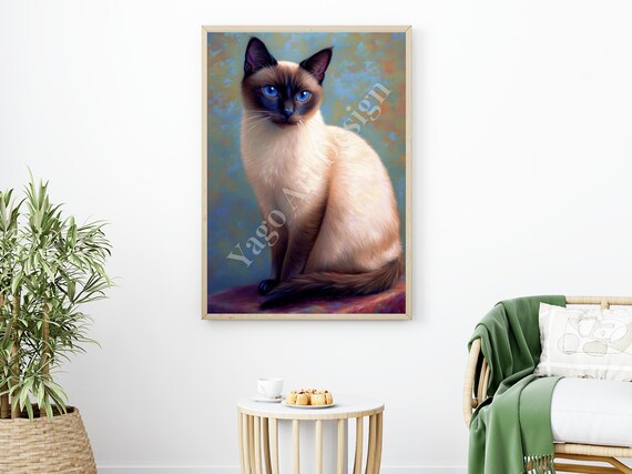 Antique Siamese Cat Portrait Blue Eyes Vintage Oil Style Poster