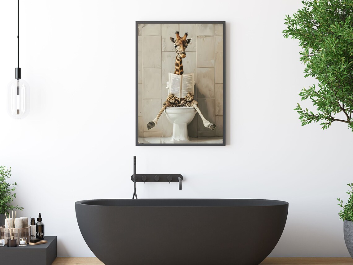Tall Giraffe On Toilet Reading Newspaper Funny Bathroom Wall Art - Image 3
