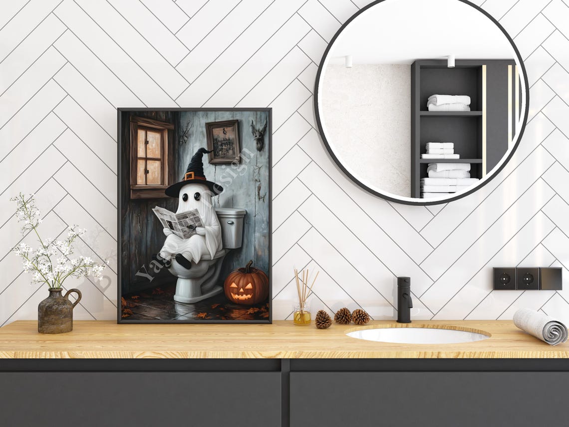Cute Ghost On Toilet Witch Hat Pumpkin Funny Halloween Poster - Image 3