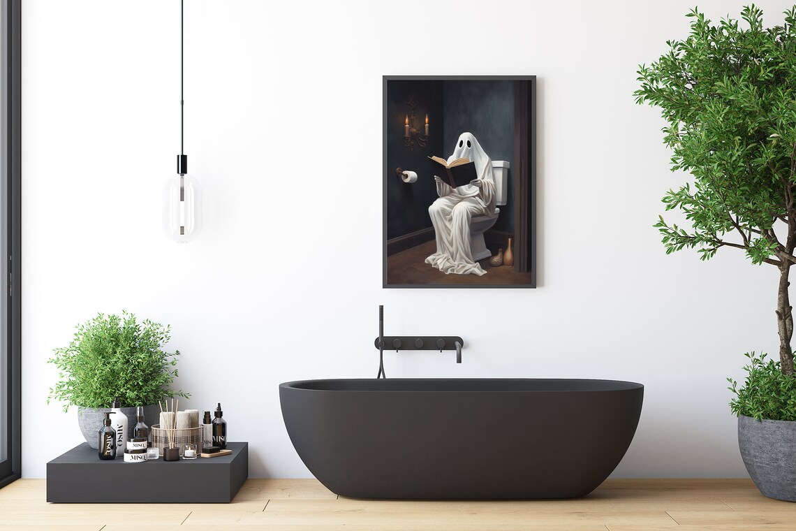 Ghost Reading Book on Toilet Funny Dark Academia Bathroom Poster - Image 2