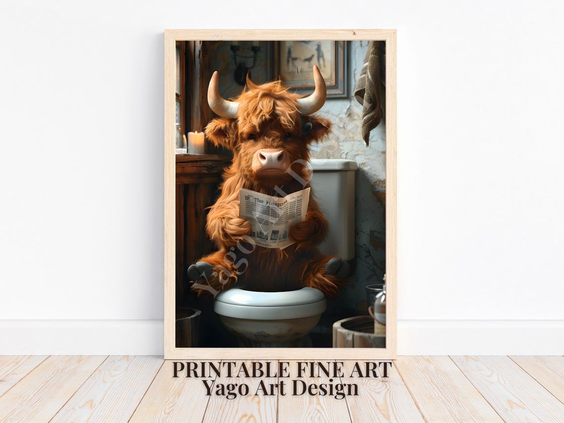 Highland Cow On Toilet Reading Newspaper Funny Bathroom Poster