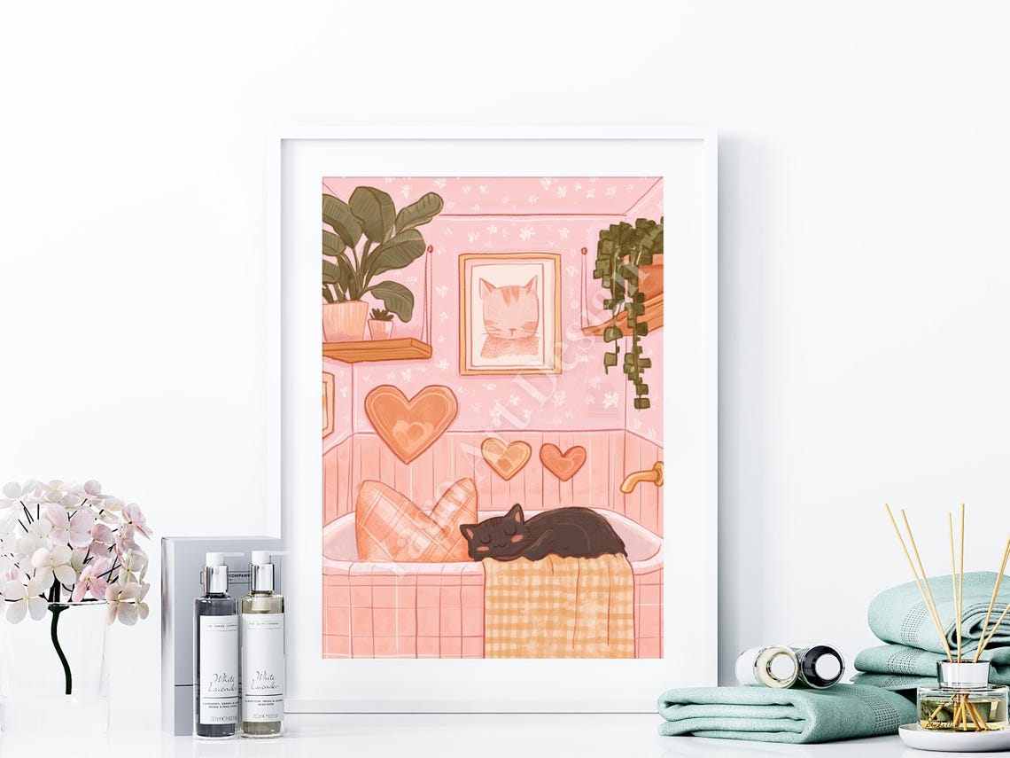 Sleeping Black Cat Pink Bathtub Valentine Cartoon Bathroom Poster - Image 3