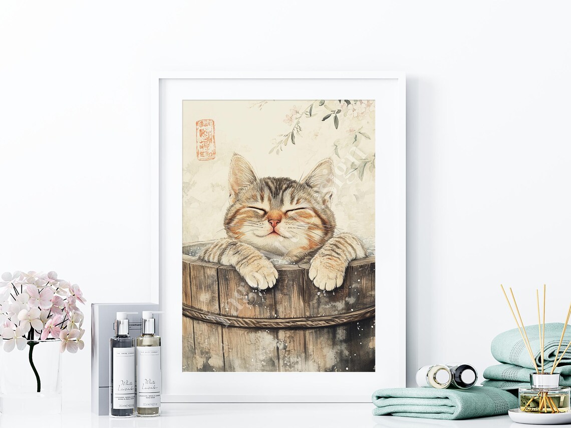 Tabby Cat in Wooden Barrel Bath Poster Japanese Watercolor Art - Image 4