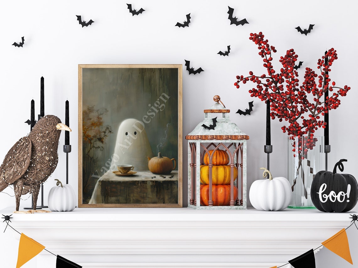 Cute Cozy Ghost Drinking Coffee by Pumpkin Teapot Halloween Poster - Image 4