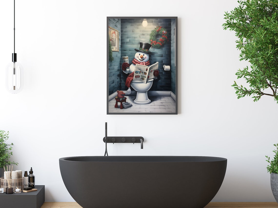 Snowman on Toilet Reading Newspaper Funny Bathroom Humor Poster - Image 3