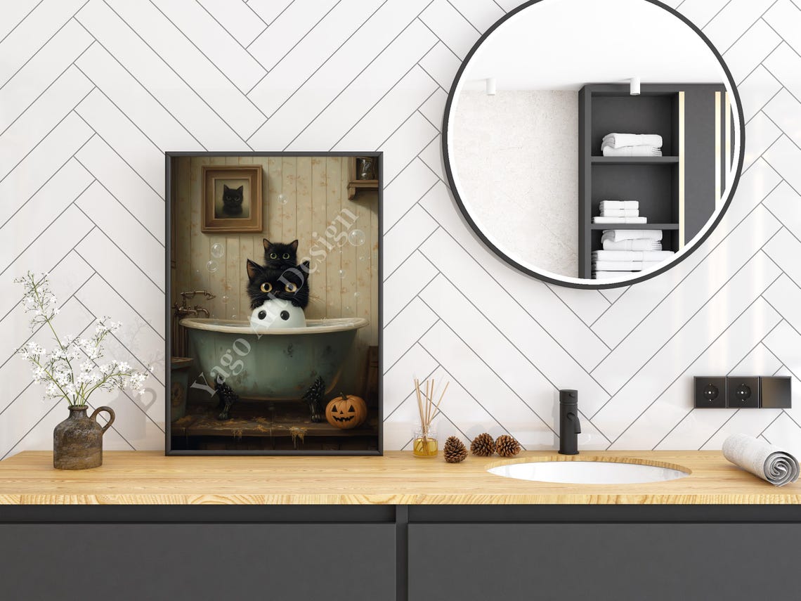 Cute Ghost in Bathtub with Black Cats and Pumpkin Halloween Poster - Image 3