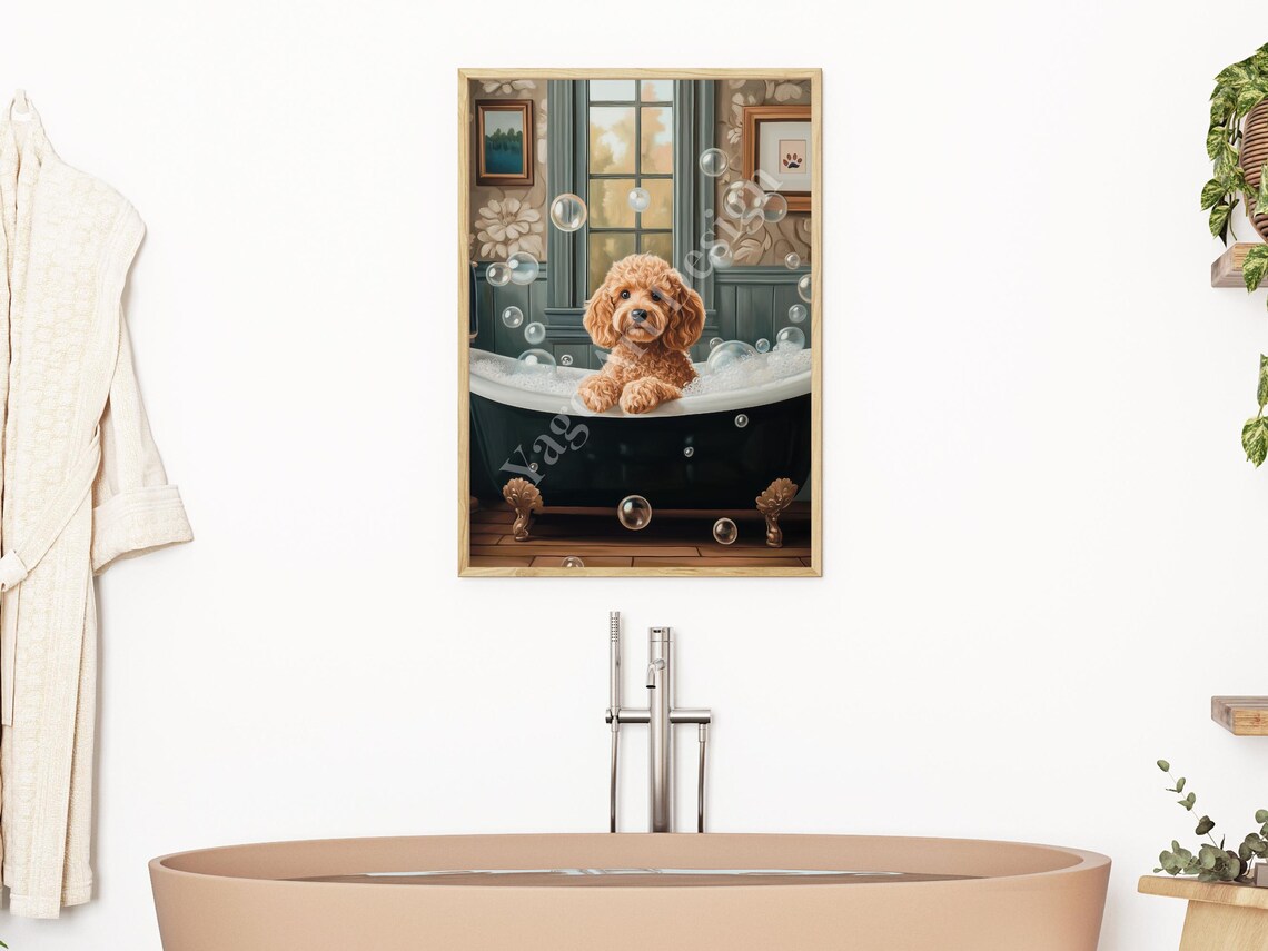 Goldendoodle Puppy in Bubble Bath Vintage Clawfoot Tub Bathroom Poster - Image 2