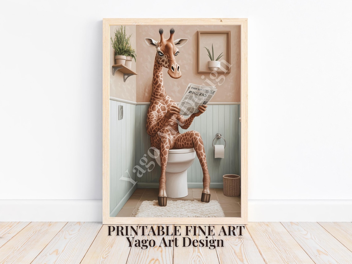 Giraffe Sitting on Toilet Reading Newspaper Poster Bathroom Humor