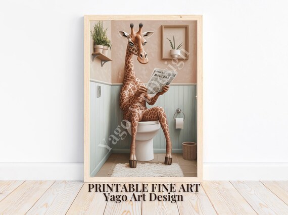 Giraffe Sitting on Toilet Reading Newspaper Poster Bathroom Humor