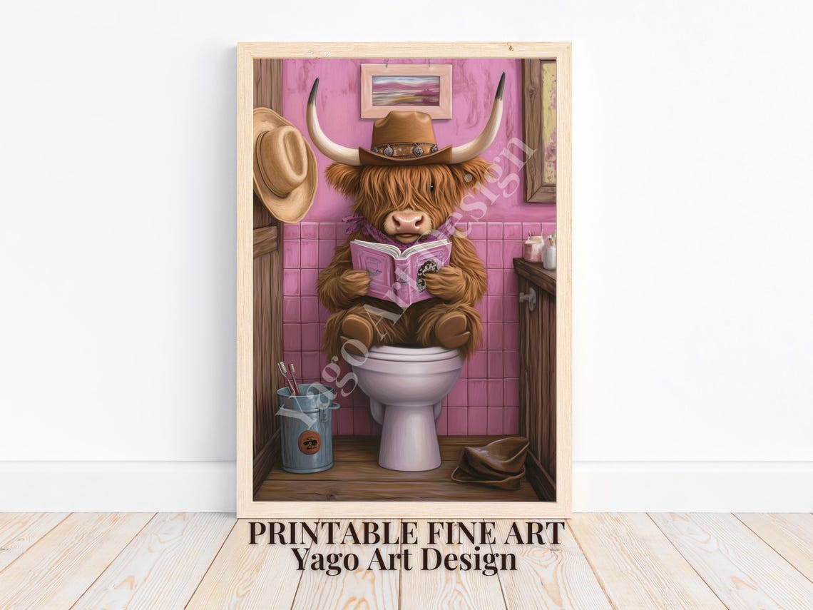 Cowgirl Highland Cow Sitting On Toilet Art Print Rustic Farmhouse Bathroom Decor Trendy Preppy Pink Toilet Poster Cute Western Cowgirl