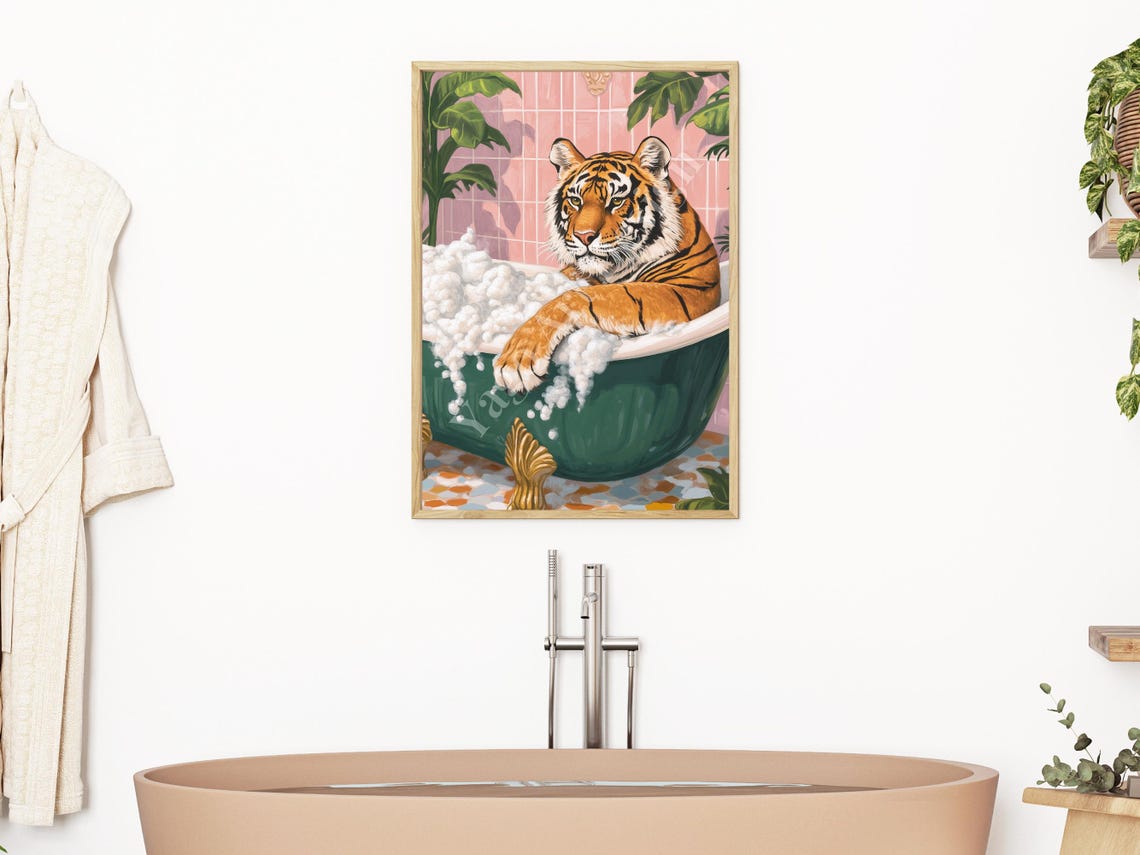 Tiger Relaxing in Bubble Bath Poster Preppy Tropical Pink Tile Decor - Image 2
