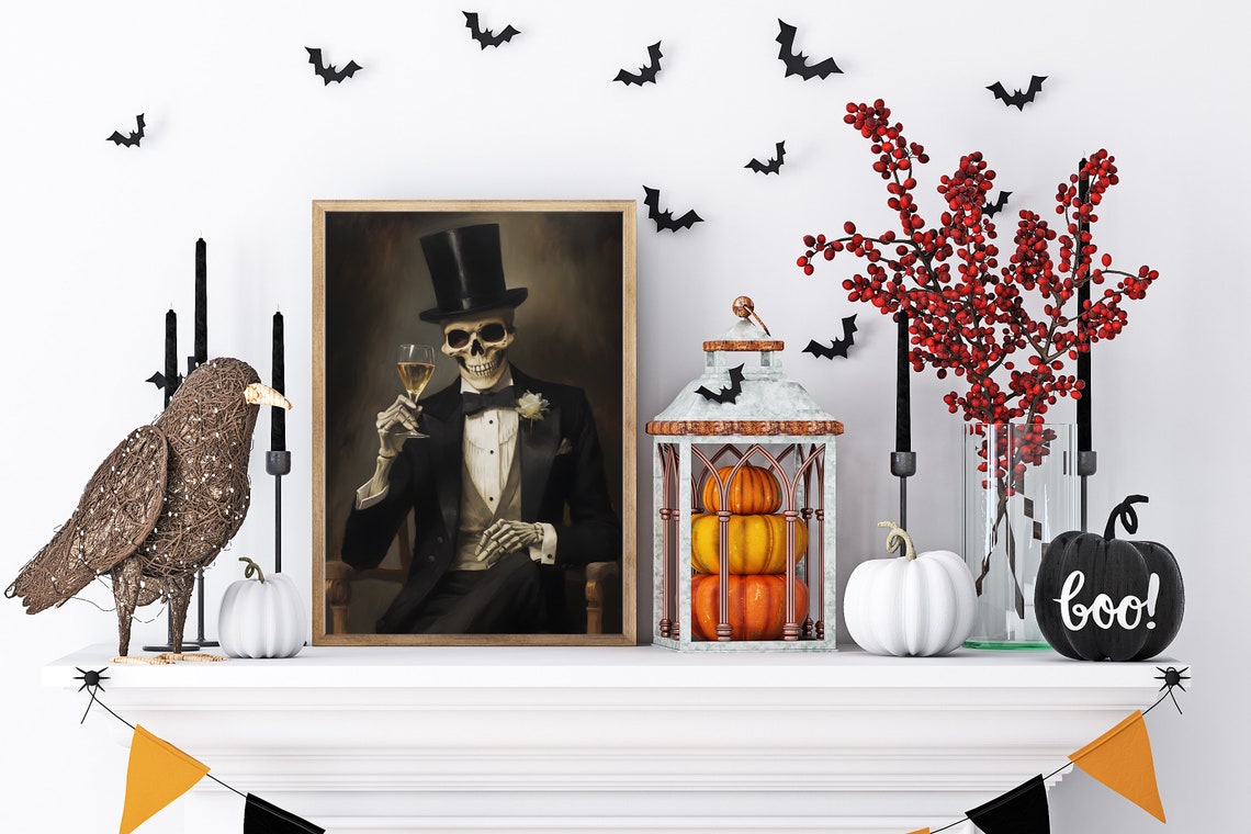 Elegant Skeleton Gentleman Champagne Top Hat Gothic Halloween Poster - Image 4
