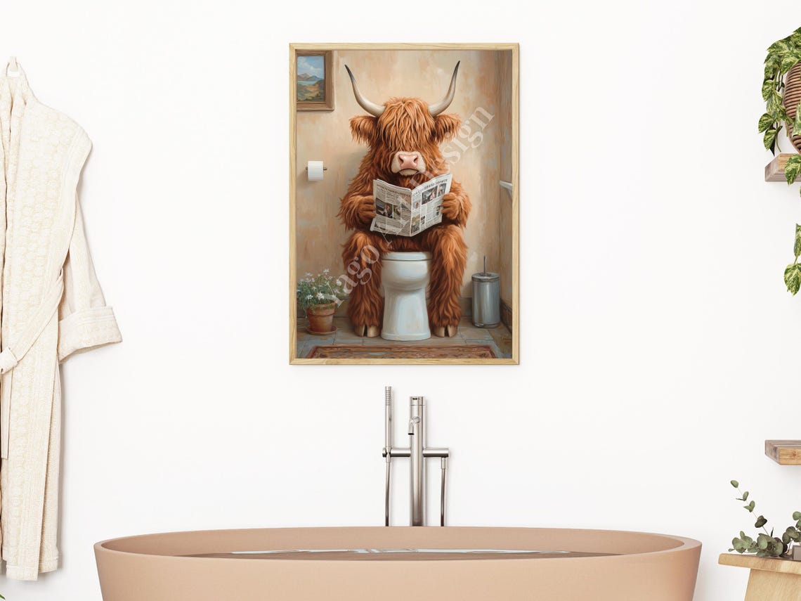 Highland Cow Reading Newspaper on Toilet Poster Rustic Bathroom Art - Image 2