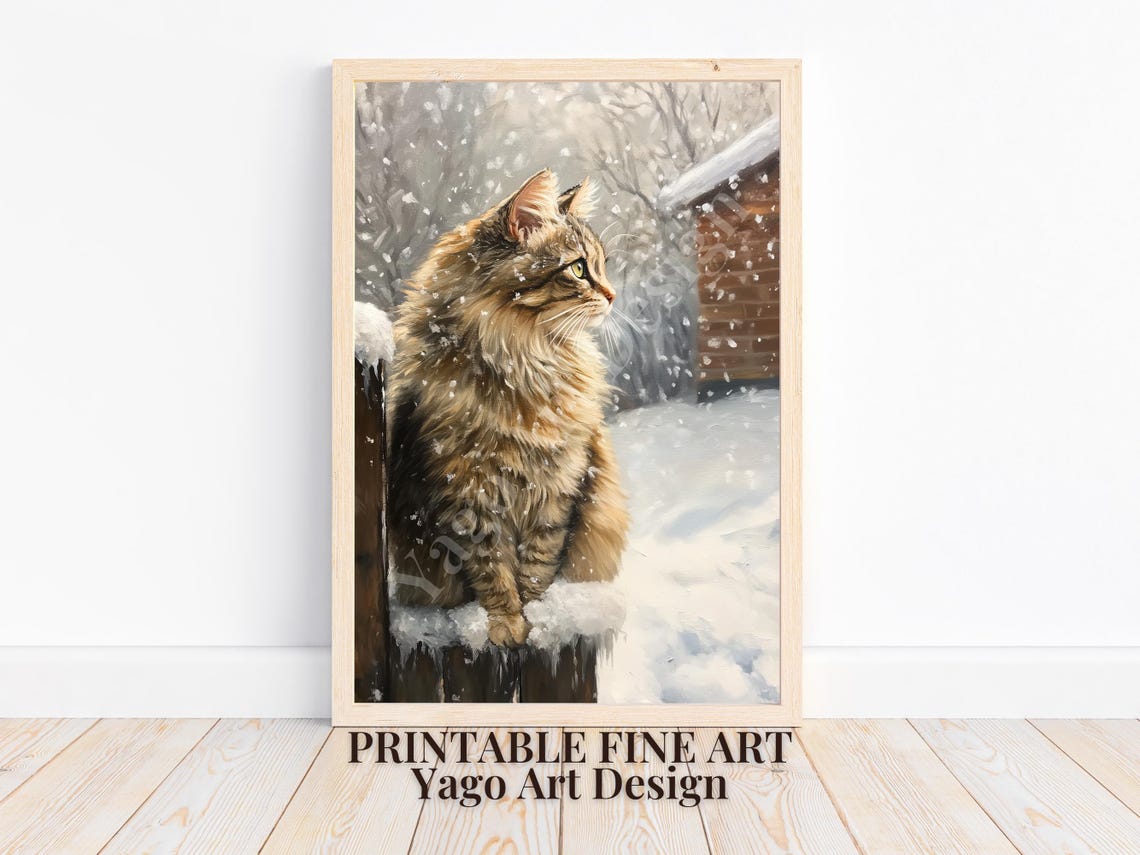 Fluffy Golden Cat Sitting on Snowy Fence Winter Forest Art Poster