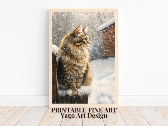 Fluffy Golden Cat Sitting on Snowy Fence Winter Forest Art Poster