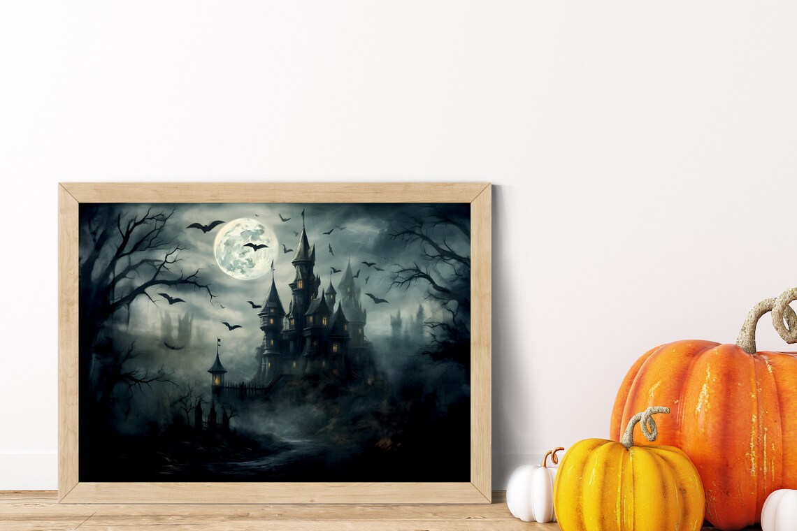 Haunted Castle Under Full Moon with Bats Spooky Halloween Poster - Image 4