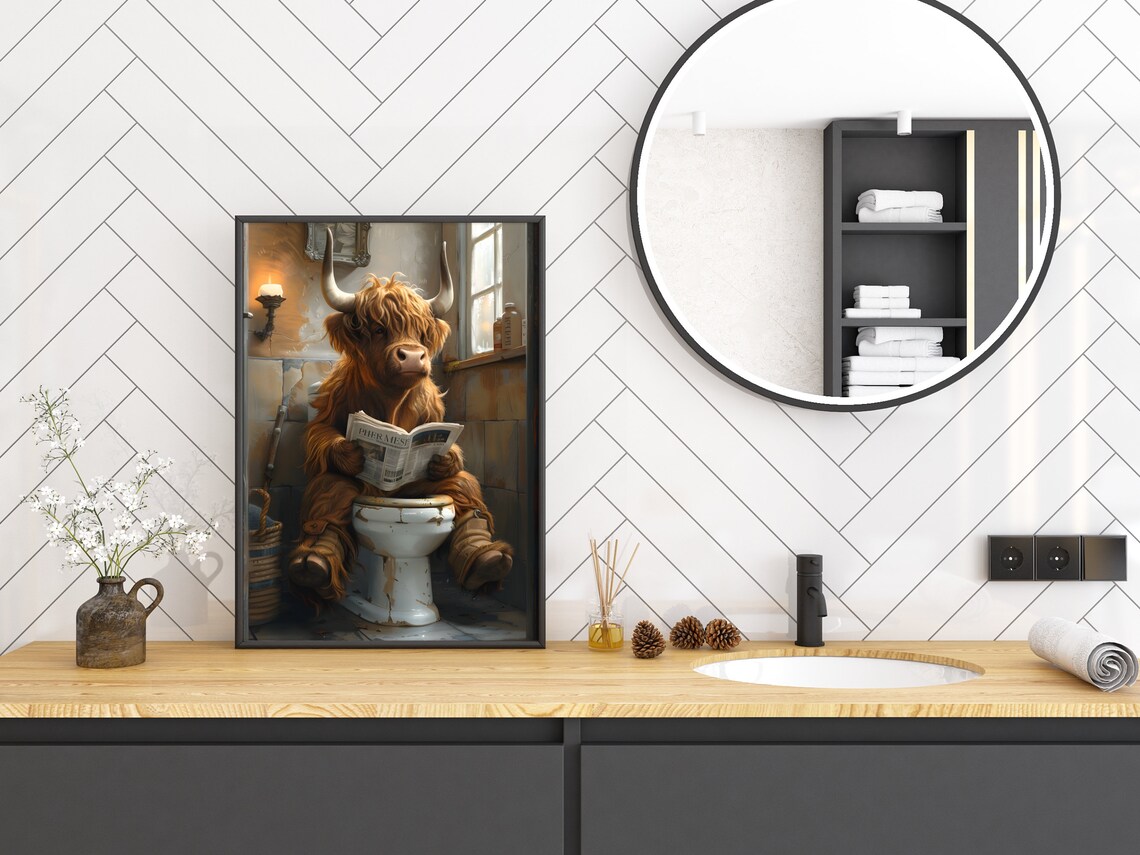 Highland Cow Sitting On Toilet Reading Newspaper Vintage Wall Art Funny Bathroom Print Animal On Toilet Poster Whimsy Animal Wall Art - Image 2