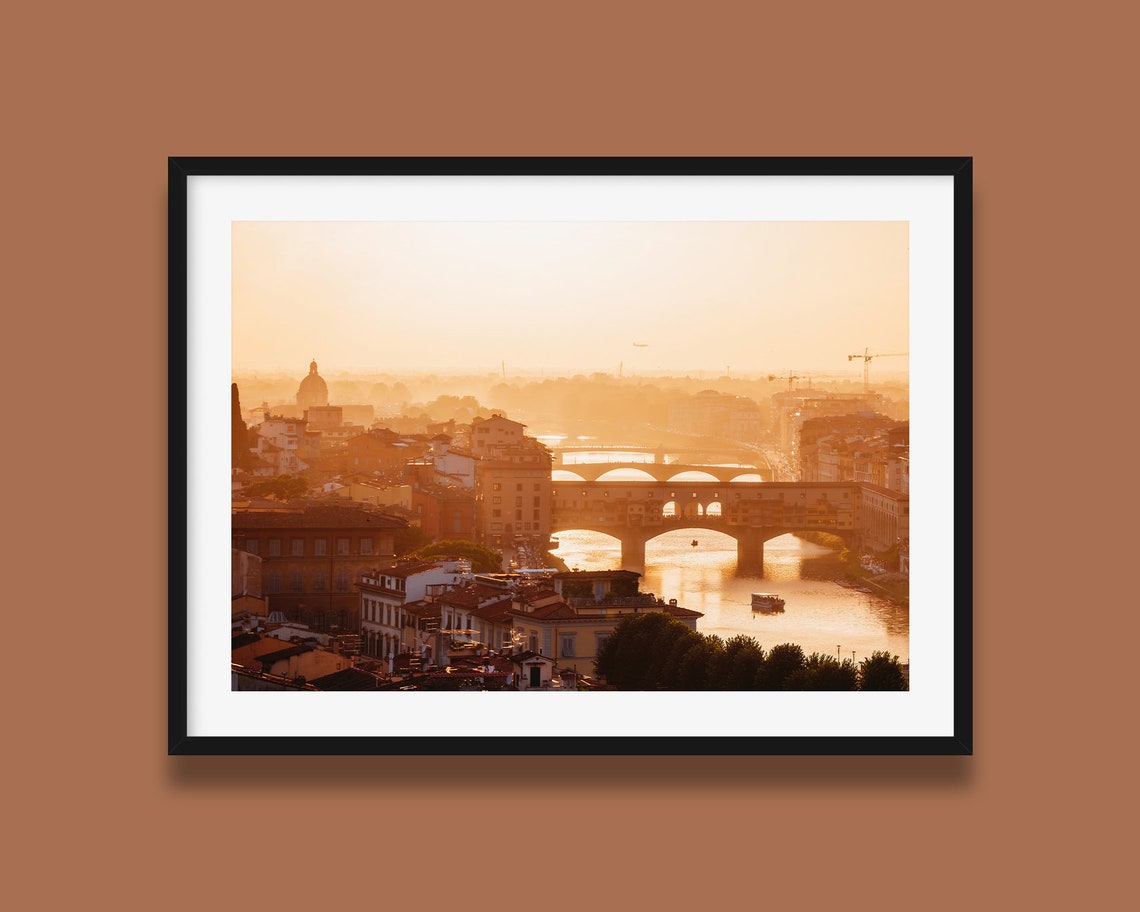 Florence Bridges Ponte Vecchio Arno River Golden Hour Poster