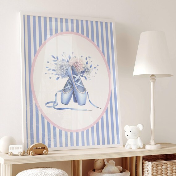 Blue Pointe Shoes With Flowers Nursery Ballerina Art Decor Poster
