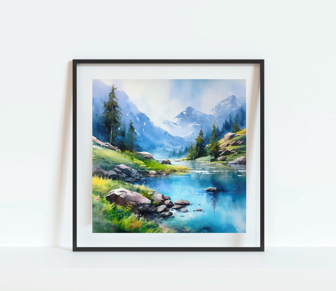 Blue Alpine Lake Watercolor with Snowy Peaks and Meadow Poster - Image 2