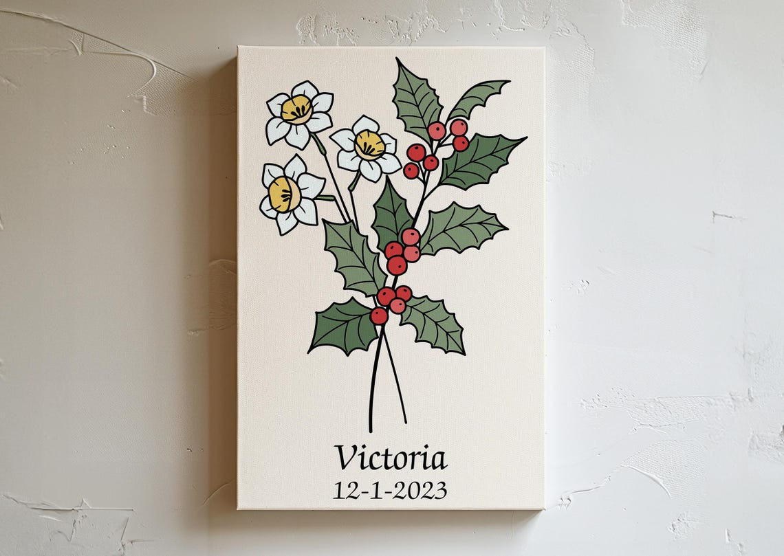 Personalized December Birth Flower Narcissus Holly Botanical Poster