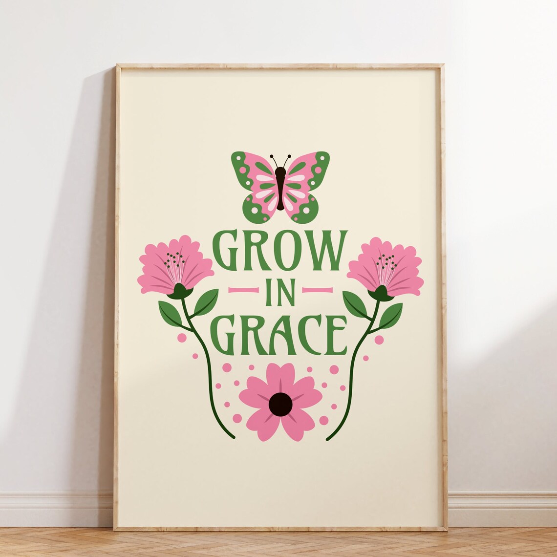 Grow in Grace Butterfly Poster Christian Floral Quote Wall Decor