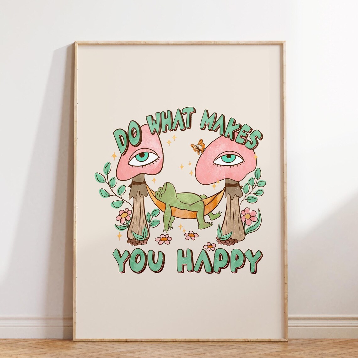 Do What Makes You Happy Frog Mushroom Retro Quote Art Poster