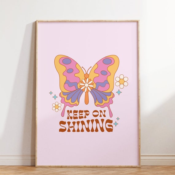 Cute Retro Wall Art Keep On Shining Wall Art Print Inspirational Print Butterfly Poster Wall Decor Art